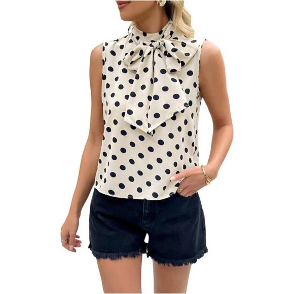 Women's Fashion Dressy Tank Top Polka Dots Bow Sleeveless Business Black & White